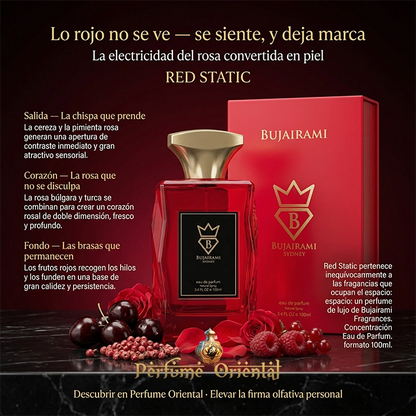 Perfume árabe Red Static de Bujairami con pirámide olfativa – cereza, pimienta rosa, rosa, almizcle y sándalo