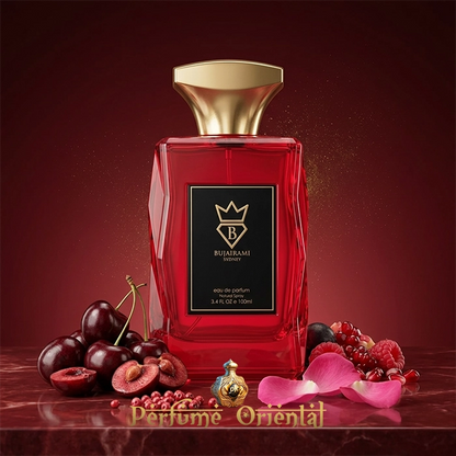 Detalle del perfume árabe Red Static de Bujairami Eau de Parfum 100 ml – frasco rojo de lujo diseño premium
