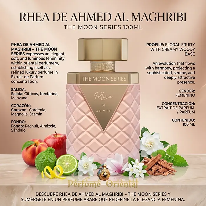 rhea ahmed al maghribi perfume arabe notas citricos nectarina manzana gardenia magnolia jazmin pachuli almizcle sandalo