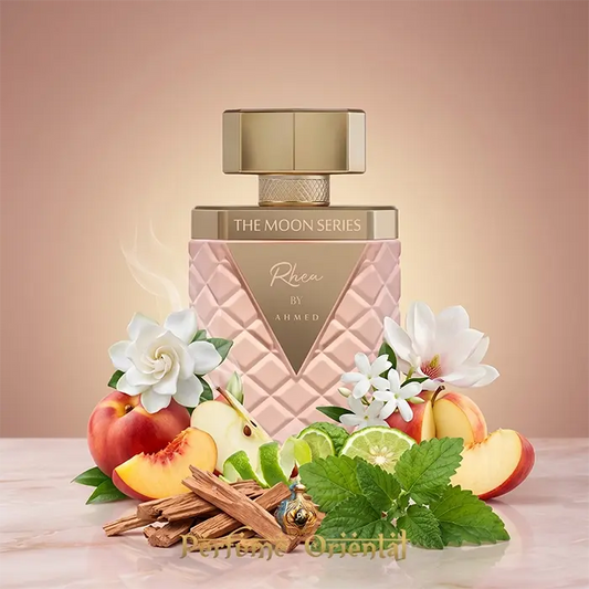 rhea ahmed al maghribi perfume arabe femenino sofisticado con notas frutales florales y fondo cremoso amaderado