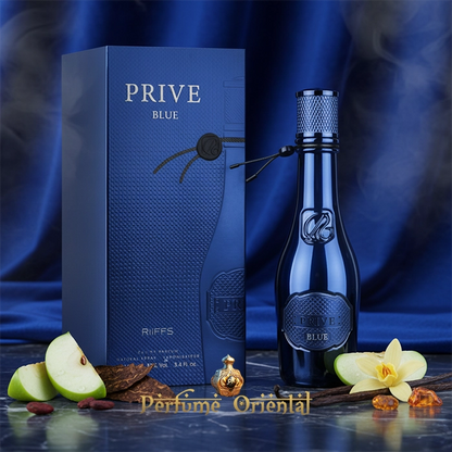 Perfume masculino RIIFFS PRIVÉ ESSENCE BLUE 100 ml con caja azul, notas de manzana verde, vainilla y tabaco | Perfume Oriental