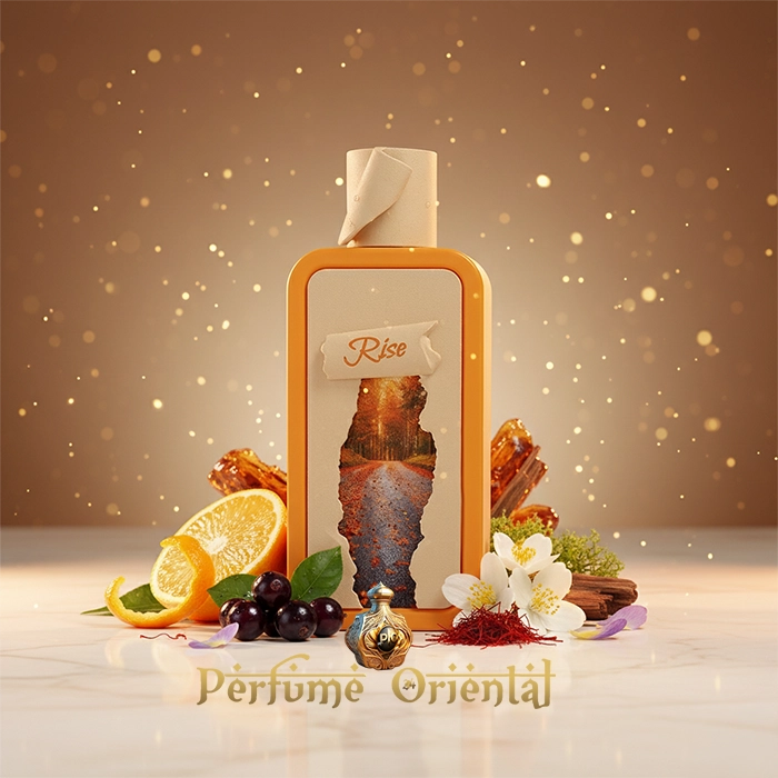 Botella de perfume SEASONS RISE de RIIFFS sobre fondo dorado con naranja, grosella negra, azafrán, flores blancas, ámbar y musgo | Perfume Oriental