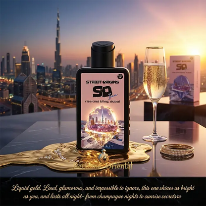 Perfume Rise and Bling Dubai Street Origins 65ml Extrait con skyline de Dubái al atardecer, fragancia oriental de lujo intensa y sofisticada