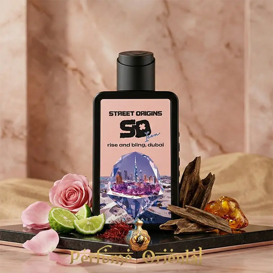 Perfume Rise and Bling Dubai Street Origins 65ml Extrait, fragancia oriental con rosa, lima y madera de oud