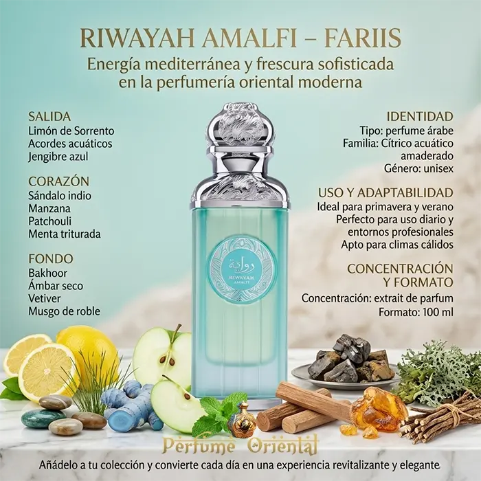 Riwayah Amalfi Fariis Notas Limon Acuaticas Jengibre Azul Sandalo Manzana Vetiver Perfume Oriental Fresco Y Sofisticado