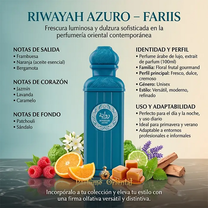 Riwayah Azuro Fariis Notas Frambuesa Naranja Bergamota Jazmin Lavanda Caramelo Patchouli Sandalo Perfume Fresco Y Dulce
