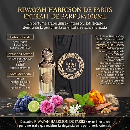 Riwayah Harrison Fariis Notas Uvas Negras Bergamota Rosa Azafran Ahumado Madera De Cedro Ambar Perfume Oriental Elegante