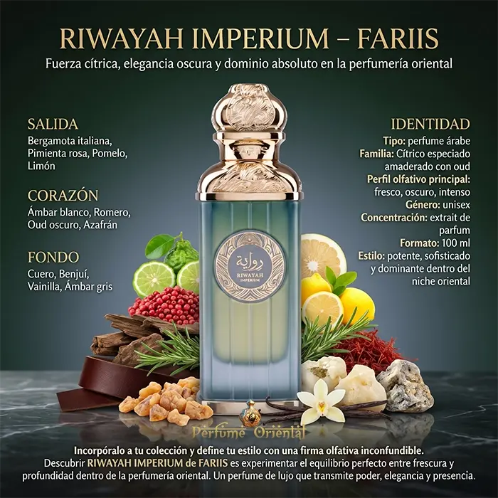 Riwayah Imperium Fariis Notas Bergamota Pomelo Pimienta Rosa Oud Azafran Cuero Ambar Perfume Oriental Potente Y Elegante