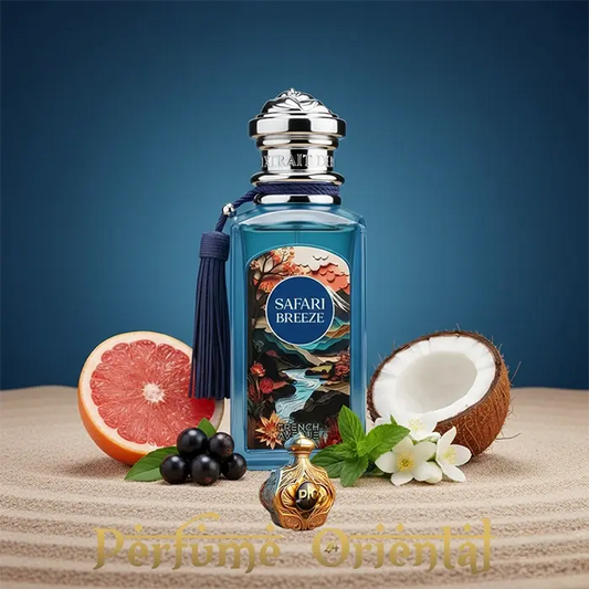 Perfume Safari Breeze de French Avenue, fragancia oriental masculina frutal-verde con notas cítricas, acordes aromáticos y fondo terroso y ambarado