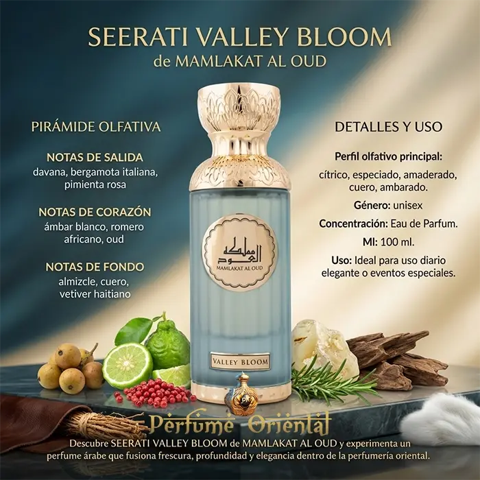 seerati valley bloom mamlakat al oud perfume arabe unisex notas davana bergamota pimienta rosa oud ambar cuero vetiver