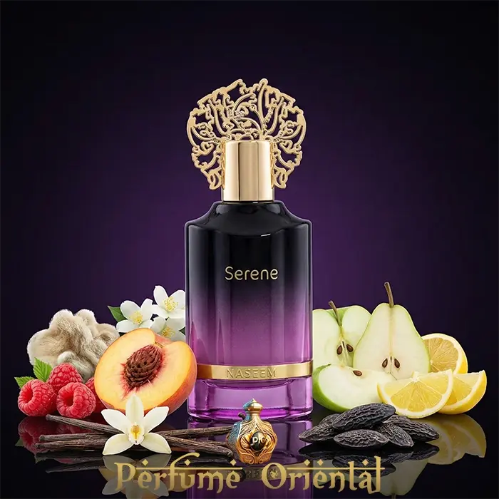 Serene Aqua 55ml Naseem perfume oriental floral afrutado con melocotón, frambuesa, pera y limón sobre fondo púrpura intenso