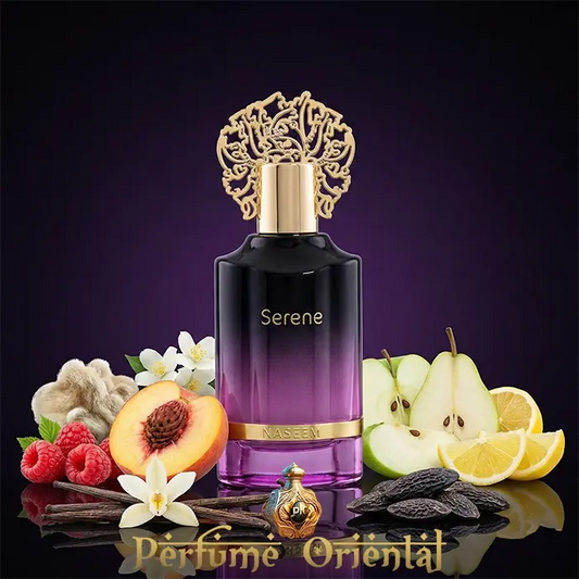 Serene Aqua 55ml Naseem perfume oriental floral afrutado con melocotón, frambuesa, pera y limón sobre fondo púrpura intenso