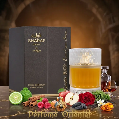 Sharaf Divine Zimaya Extrait de Parfum 100ml perfume árabe con caja original – notas de manzana, canela, rosa y ámbar