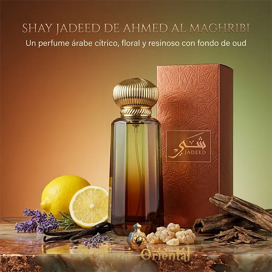 Shay Jadeed Ahmed Al Maghribi Con Caja Perfume Arabe Unisex Fresco Citrico Con Fondo Amaderado Y Oud