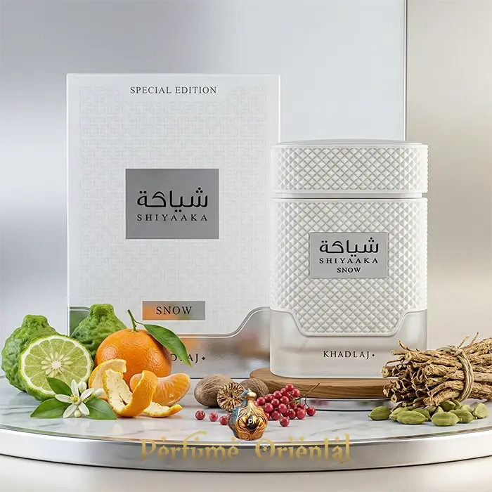 Shiyaaka Snow Khadlaj perfume árabe edición especial con caja original – notas cítricas, cardamomo y especias