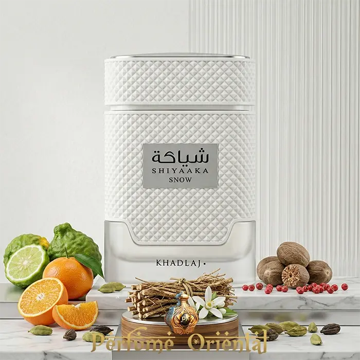 Perfume árabe Shiyaaka Snow de Khadlaj edición especial – fragancia fresca con bergamota, naranja y especias orientales