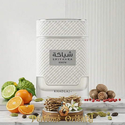 Perfume árabe Shiyaaka Snow de Khadlaj edición especial – fragancia fresca con bergamota, naranja y especias orientales