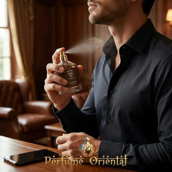 Perfume árabe Smokilla Extrait 100ml Bujairami hombre aplicando fragancia en ambiente elegante