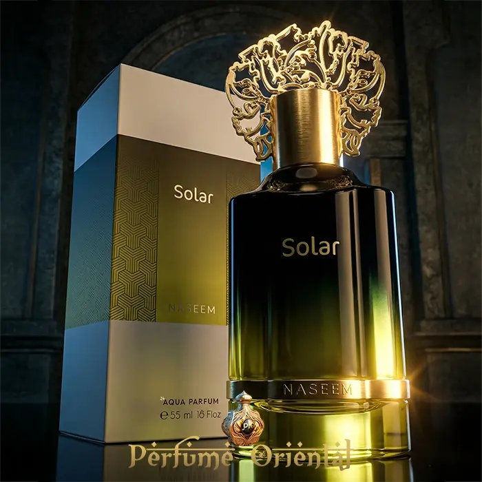 Solar Aqua Aqua Parfum 55ml de Naseem perfume oriental frutal floral botella degradado verde negro con tapón dorado elegante