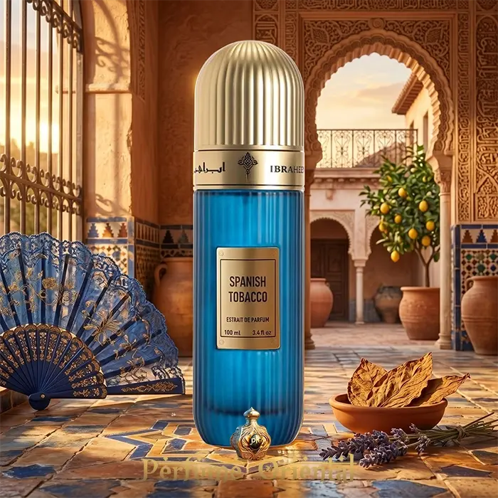 spanish tobacco ibrahim al qurashi perfume arabe unisex 100ml extrait frasco azul dorado lujo perfume oriental tabaco ambar premium