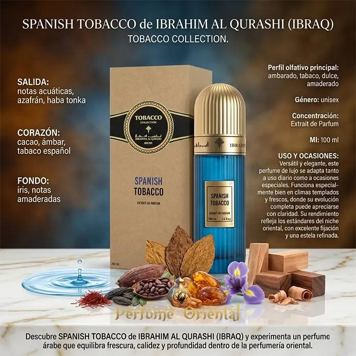 spanish tobacco ibrahim al qurashi perfume arabe unisex 100ml extrait notas azafran haba tonka cacao ambar tabaco iris perfume lujo