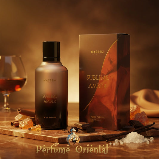 Frasco y caja de SUBLIME AMBER NASEEM 100 ML Aqua Parfum – fragancia oriental dulce amaderada sin alcohol | Perfume Oriental