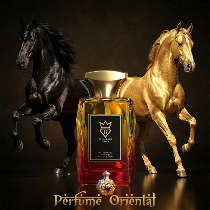 Perfume árabe The Sheikh 100ml Bujairami Perfumes frasco dorado con caballos negros y dorados estilo lujoso