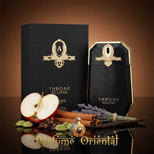 Throne Eclipse Maison Asrar perfume árabe de lujo con manzana, canela, lavanda, vainilla y cedro, fragancia masculina elegante y magnética