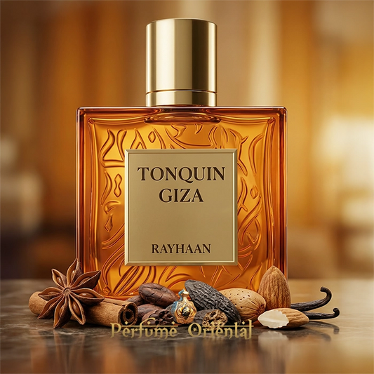 tonquin giza rayhaan perfume arabe unisex 100ml edp fragancia dulce avainillada con cacao almendra tonka y especias perfume lujo