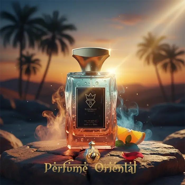 Perfume árabe Unforgettable 100ml Bujairami Perfumes frasco en paisaje tropical al atardecer