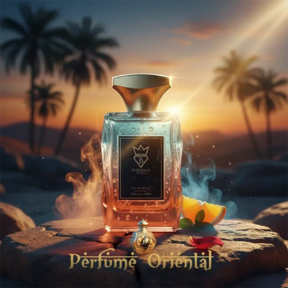 Perfume árabe Unforgettable 100ml Bujairami Perfumes frasco en paisaje tropical al atardecer
