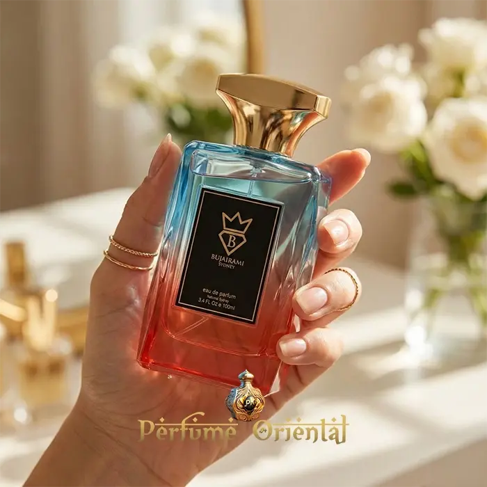 Perfume árabe Vanilla Dream 100ml Bujairami frasco en mano con estilo femenino elegante