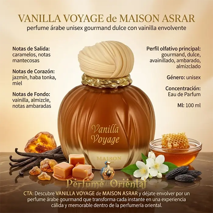 vanilla voyage maison asrar perfume arabe unisex 100ml notas vainilla miel haba tonka caramelo fragancia gourmand dulce ambarada