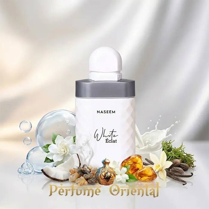 White Éclat Naseem 100ml perfume árabe sin alcohol con coco, vainilla, flores blancas y almizcle