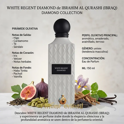 white regent diamond ibrahim al qurashi perfume arabe unisex 150ml notas higo cardamomo te vetiver vainilla fragancia elegante amaderada lujo