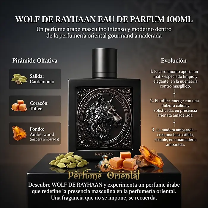 Wolf Rayhaan Perfume Arabe Notas Cardamomo Toffee Amberwood Fragancia Masculina Gourmand Amaderada Elegante Y Moderna