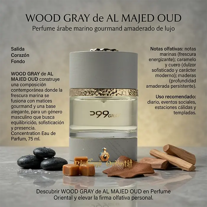 wood gray al majed oud perfume arabe hombre 75ml edp notas marinas caramelo cuero maderas perfume oriental lujo