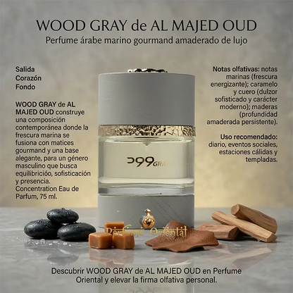 wood gray al majed oud perfume arabe hombre 75ml edp notas marinas caramelo cuero maderas perfume oriental lujo
