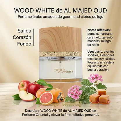 wood white al majed oud perfume arabe unisex 75ml edp notas pomelo manzana caramelo geranio maderas musgo de roble perfume oriental lujo