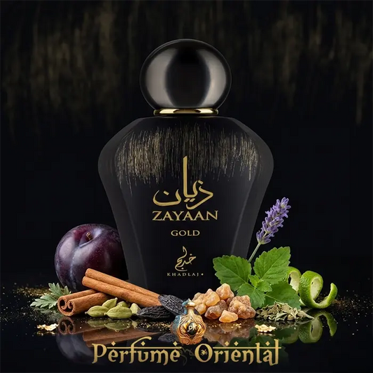 Perfume árabe Zayaan Gold de Khadlaj 100ml Eau de Parfum – fragancia ambarada especiada con ciruela, canela y cardamomo